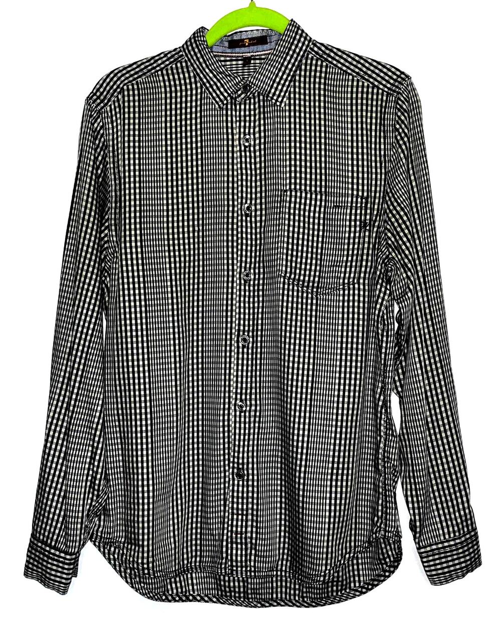 7 for All Mankind Button Down Shirt, Plaid, Long Sleeve, Black White Mens S NWOT